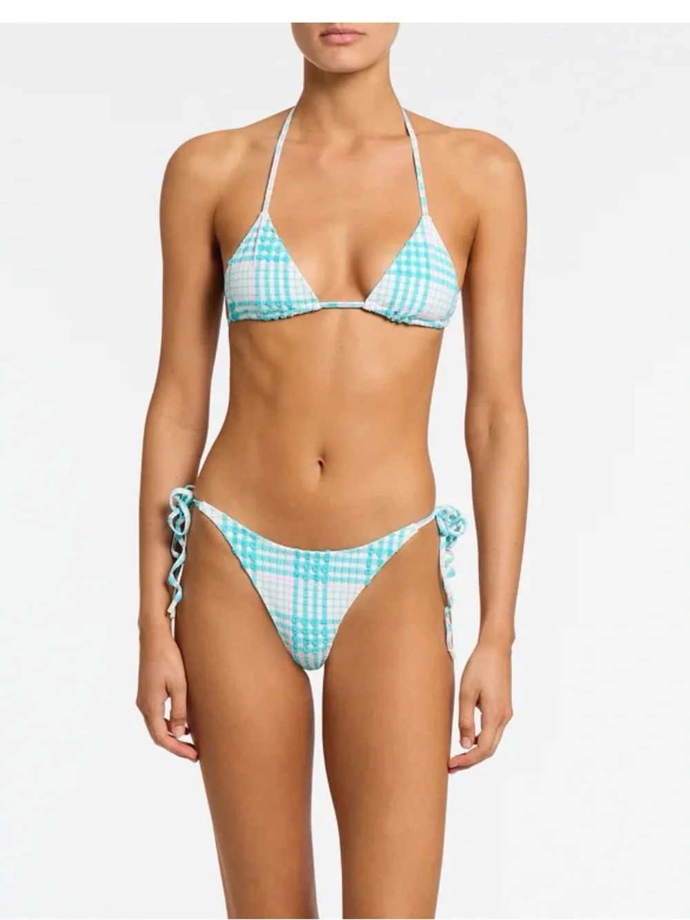 NWT triangl swimwear Blue Bloss Check Tie-Side Triangle Bikini size Small